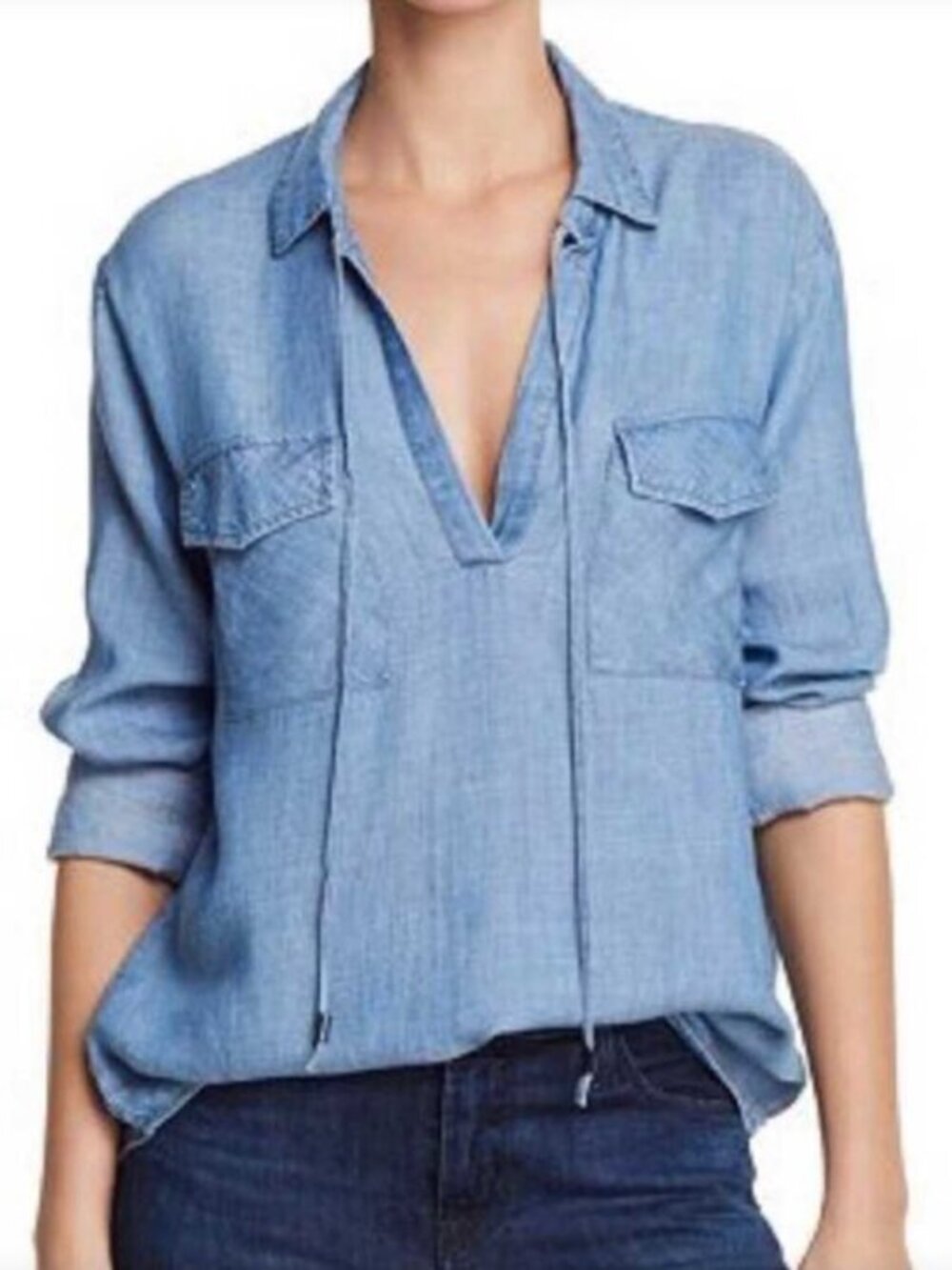 Rails Women's Selena Medium Vintage Chambray Lace-Up V-Neck Shirt Blouse Size XS